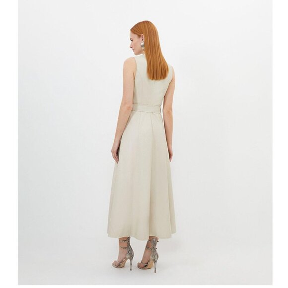 KAREN MILLEN NWT Faux Leather V-Neck Belted Full Skirt Maxi Dress Cream Size 12 - Picture 2 of 13